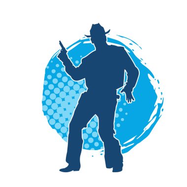 Kovboy kostümü giymiş bir adamın silüeti. Tabanca tabancası taşıyormuş gibi poz veriyor.