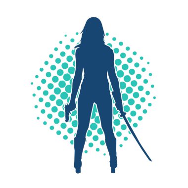 Tabanca ve kılıç taşıyan kadın bir savaşçının silueti.