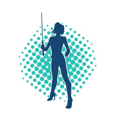 Bir kadın dövüşçünün silueti kılıç taşırken poz veriyor..