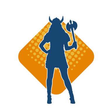 Viking kostümü giyen ve savaş baltası taşıyan bir kadın savaşçının silüeti.