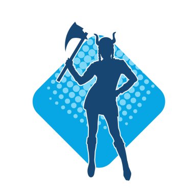 Viking kostümü giyen ve savaş baltası taşıyan bir kadın savaşçının silüeti.