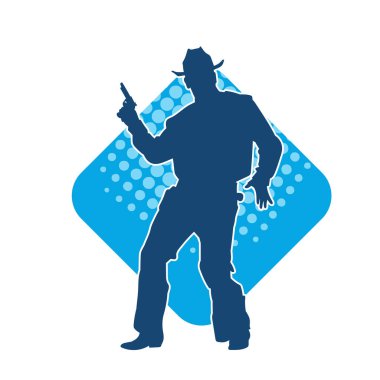 Kovboy kostümü giymiş bir adamın silüeti. Tabanca tabancası taşıyormuş gibi poz veriyor.