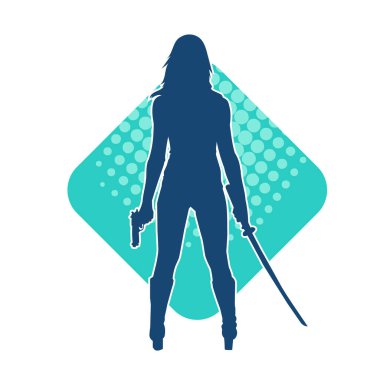 Tabanca ve kılıç taşıyan kadın bir savaşçının silueti.