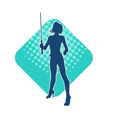 Bir kadın dövüşçünün silueti kılıç taşırken poz veriyor..