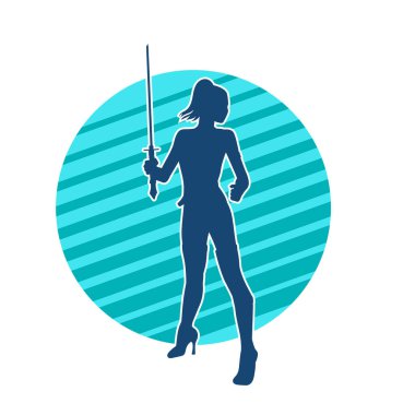 Bir kadın dövüşçünün silueti kılıç taşırken poz veriyor..