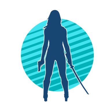 Tabanca ve kılıç taşıyan kadın bir savaşçının silueti.