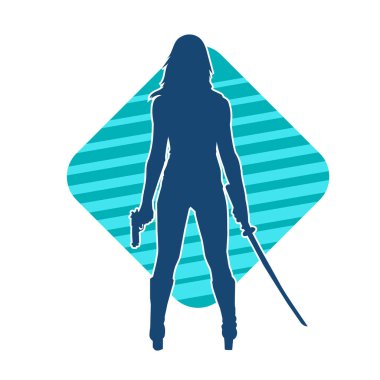 Tabanca ve kılıç taşıyan kadın bir savaşçının silueti.