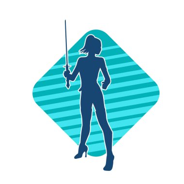 Bir kadın dövüşçünün silueti kılıç taşırken poz veriyor..