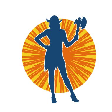 Viking kostümü giyen ve savaş baltası taşıyan bir kadın savaşçının silüeti.