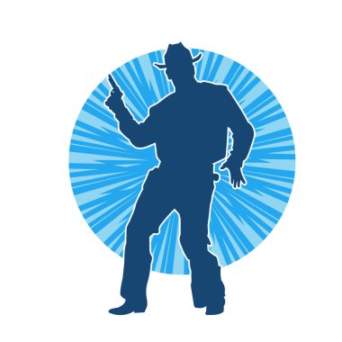 Kovboy kostümü giymiş bir adamın silüeti. Tabanca tabancası taşıyormuş gibi poz veriyor.