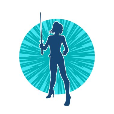 Bir kadın dövüşçünün silueti kılıç taşırken poz veriyor..