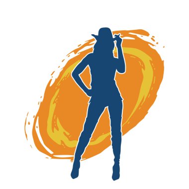 Kovboy kostümü giymiş zayıf bir kadın modelin silueti. Kovboy şapkası takan kovboy kız silueti..