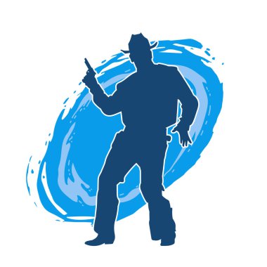 Kovboy kostümü giymiş bir adamın silüeti. Tabanca tabancası taşıyormuş gibi poz veriyor.