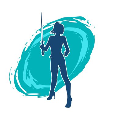 Dövüş sanatları ustası bir kadının silueti kılıçlı poz veriyor..