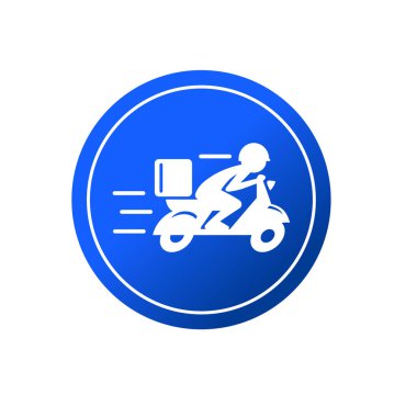 Motosiklet ikonuna binen hızlı teslimatçı. Yemek teslimatı kuryesi motosikletli araca biniyor..