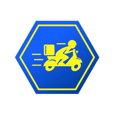 Motosiklet ikonuna binen hızlı teslimatçı. Yemek teslimatı kuryesi motosikletli araca biniyor..