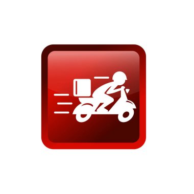 Motosiklet ikonuna binen hızlı teslimatçı. Yemek teslimatı kuryesi motosikletli araca biniyor..