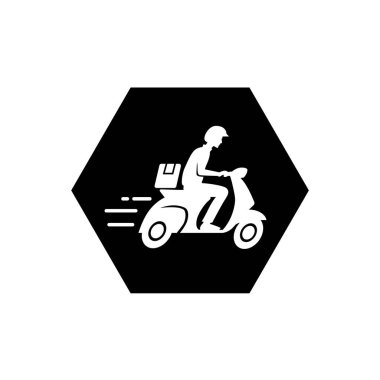 Motosiklet ikonuna binen hızlı teslimatçı. Yemek teslimatı kuryesi motosikletli araca biniyor..