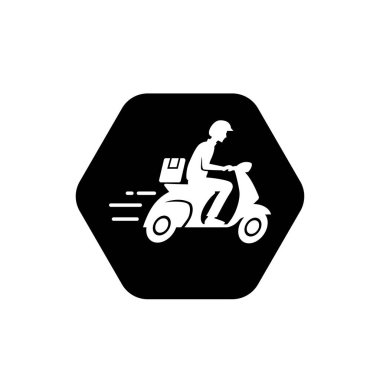 Motosiklet ikonuna binen hızlı teslimatçı. Yemek teslimatı kuryesi motosikletli araca biniyor..