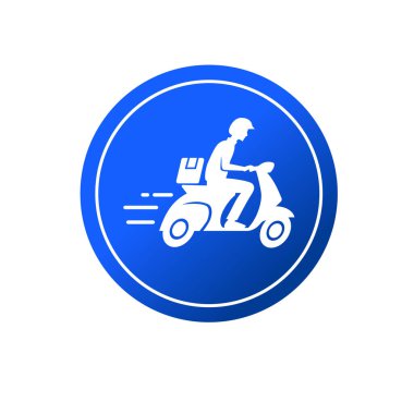 Motosiklet ikonuna binen hızlı teslimatçı. Yemek teslimatı kuryesi motosikletli araca biniyor..