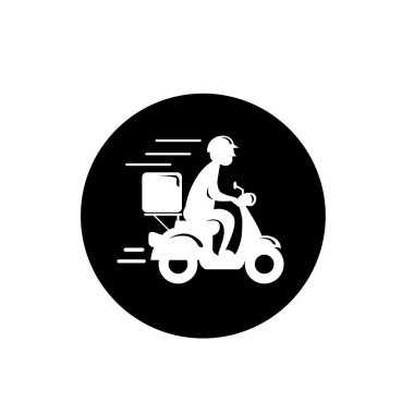 Motosiklet ikonuna binen hızlı teslimatçı. Yemek teslimatı kuryesi motosikletli araca biniyor..