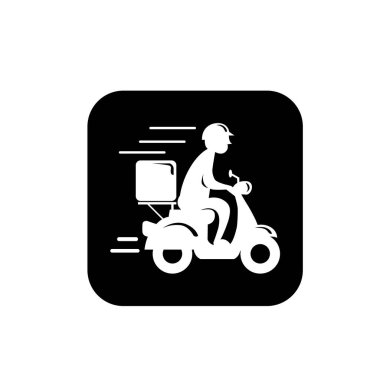 Motosiklet ikonuna binen hızlı teslimatçı. Yemek teslimatı kuryesi motosikletli araca biniyor..