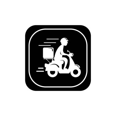 Motosiklet ikonuna binen hızlı teslimatçı. Yemek teslimatı kuryesi motosikletli araca biniyor..