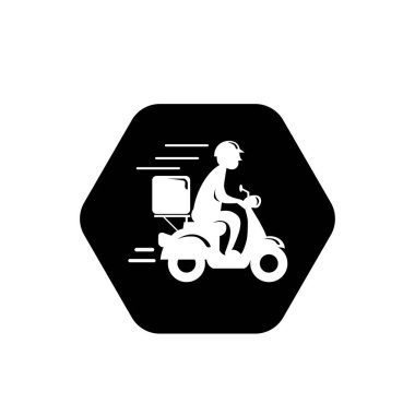 Motosiklet ikonuna binen hızlı teslimatçı. Yemek teslimatı kuryesi motosikletli araca biniyor..