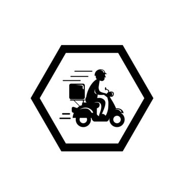 Motosiklet ikonuna binen hızlı teslimatçı. Yemek teslimatı kuryesi motosikletli araca biniyor..