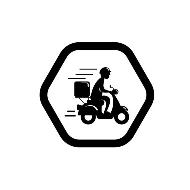 Motosiklet ikonuna binen hızlı teslimatçı. Yemek teslimatı kuryesi motosikletli araca biniyor..