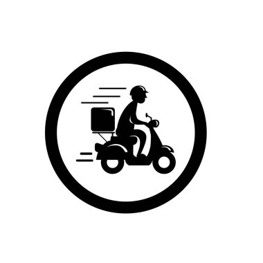 Motosiklet ikonuna binen hızlı teslimatçı. Yemek teslimatı kuryesi motosikletli araca biniyor..