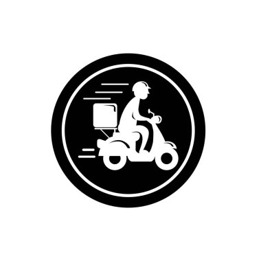 Motosiklet ikonuna binen hızlı teslimatçı. Yemek teslimatı kuryesi motosikletli araca biniyor..