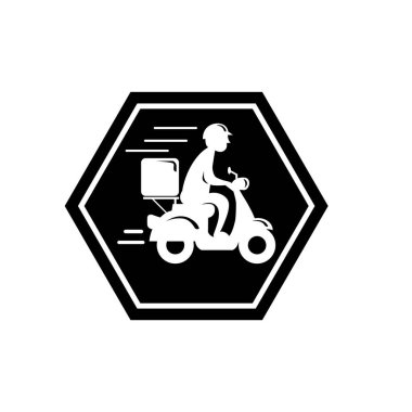 Motosiklet ikonuna binen hızlı teslimatçı. Yemek teslimatı kuryesi motosikletli araca biniyor..