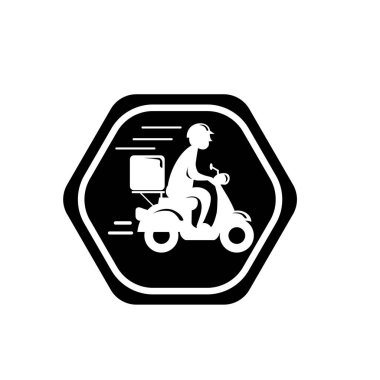 Motosiklet ikonuna binen hızlı teslimatçı. Yemek teslimatı kuryesi motosikletli araca biniyor..