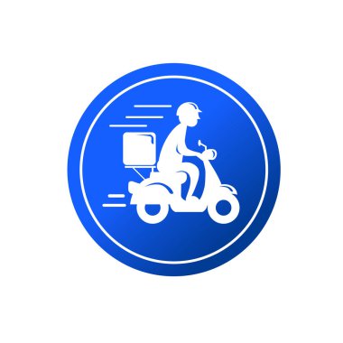 Motosiklet ikonuna binen hızlı teslimatçı. Yemek teslimatı kuryesi motosikletli araca biniyor..