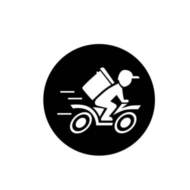 Motosiklet ikonuna binen hızlı teslimatçı. Yemek teslimatı kuryesi motosikletli araca biniyor..