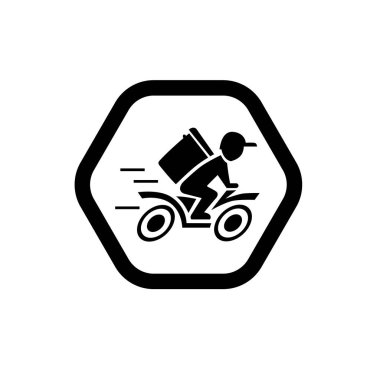 Motosiklet ikonuna binen hızlı teslimatçı. Yemek teslimatı kuryesi motosikletli araca biniyor..