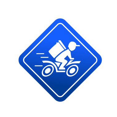 Motosiklet ikonuna binen hızlı teslimatçı. Yemek teslimatı kuryesi motosikletli araca biniyor..