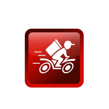 Motosiklet ikonuna binen hızlı teslimatçı. Yemek teslimatı kuryesi motosikletli araca biniyor..