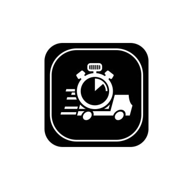 Teslimat kamyonu ve kronometre sembolü. Verimli zamanlama değerlendirme logosuna sahip teslimat hizmeti