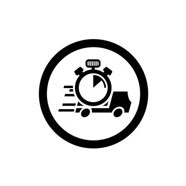 Teslimat kamyonu ve kronometre sembolü. Verimli zamanlama değerlendirme logosuna sahip teslimat hizmeti