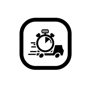 Teslimat kamyonu ve kronometre sembolü. Verimli zamanlama değerlendirme logosuna sahip teslimat hizmeti