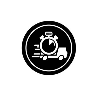 Teslimat kamyonu ve kronometre sembolü. Verimli zamanlama değerlendirme logosuna sahip teslimat hizmeti