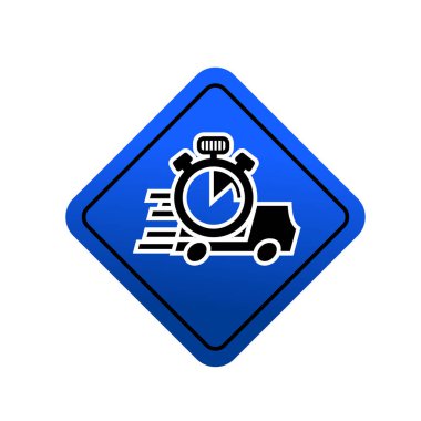 Teslimat kamyonu ve kronometre sembolü. Verimli zamanlama değerlendirme logosuna sahip teslimat hizmeti