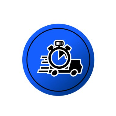 Teslimat kamyonu ve kronometre sembolü. Verimli zamanlama değerlendirme logosuna sahip teslimat hizmeti