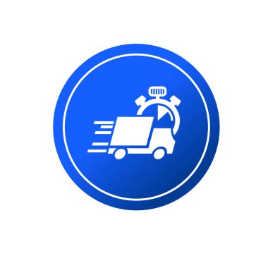 Teslimat kamyonu ve kronometre sembolü. Verimli zamanlama değerlendirme logosuna sahip teslimat hizmeti