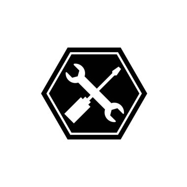 Çapraz anahtar ve tornavida logosu. Tamirci aletleri simgesi. Atölye ekipmanları sembol işaret vektör çizim logosu 