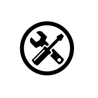 Çapraz anahtar ve tornavida logosu. Tamirci aletleri simgesi. Atölye ekipmanları sembol işaret vektör çizim logosu 