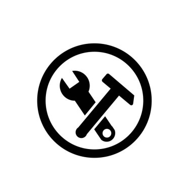 Tamirci aletleri simgesi. Atölye ekipmanı sembolü vektör illüstrasyon logo şablonu. İngiliz anahtarı ve çekiç alet simgesi. Mekanik onarım ve servis logosu.