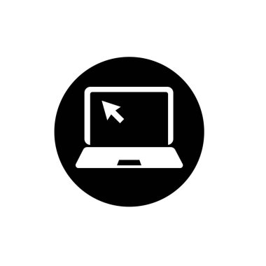 dizüstü bilgisayar simgesi. beyaz arkaplanda dizüstü bilgisayar ve imleç ok sembolü çizim şablonu 